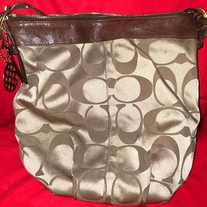 Tan with Brown Leather Trim Coach Signature Purse